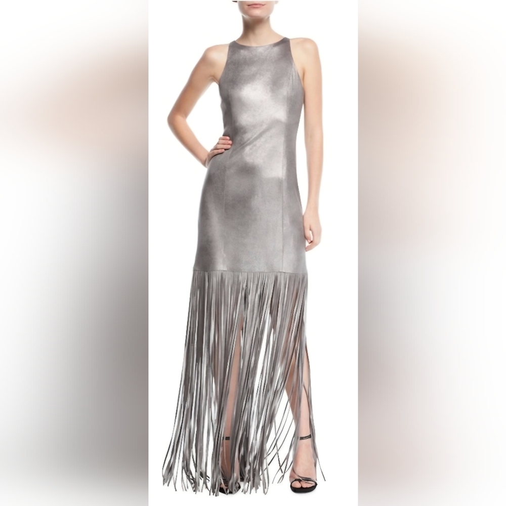 Gorgeous Metallic Lavender Silver Faux-suede Maxi-Mini Dress with Fringe Hem